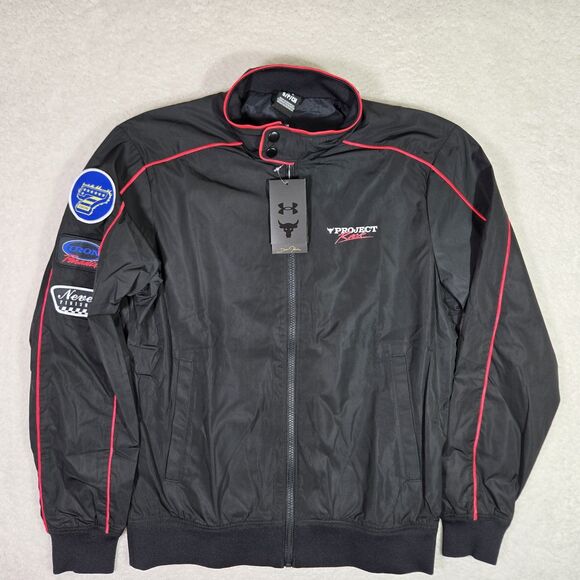 $160 Under Armour Project Rock Mens Small Loose Warm Up Jacket Black Windbreaker - Picture 1 of 6